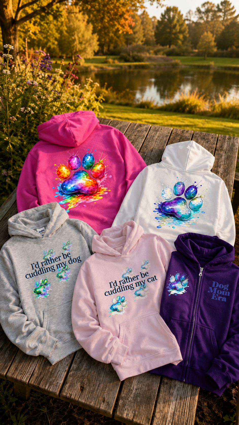 Watercolor paw print hoodies in royal blue, black, and white — Boojie Apparel Paw Prints Collection