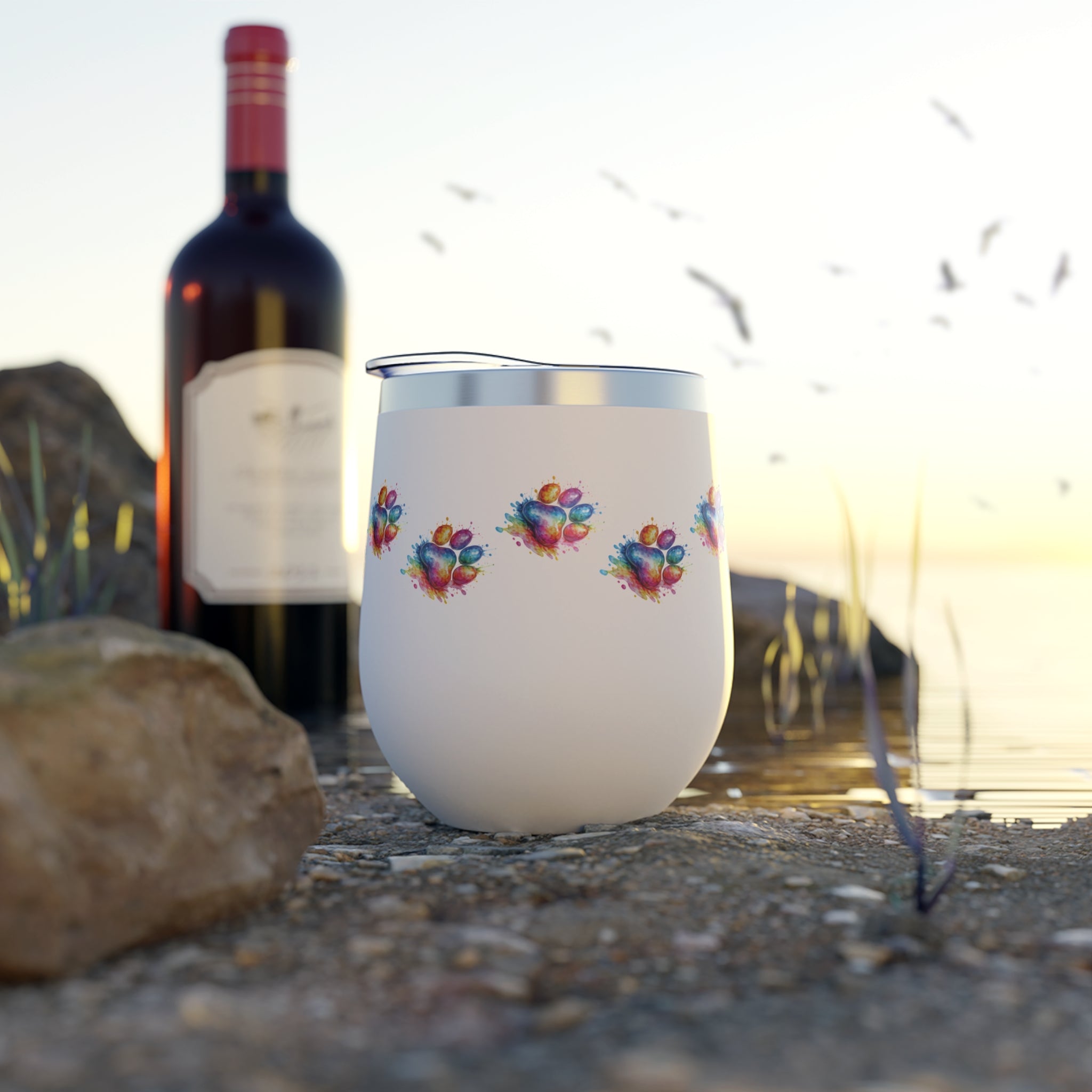 Rainbow Watercolor Paw Print - 12oz Wine Tumbler