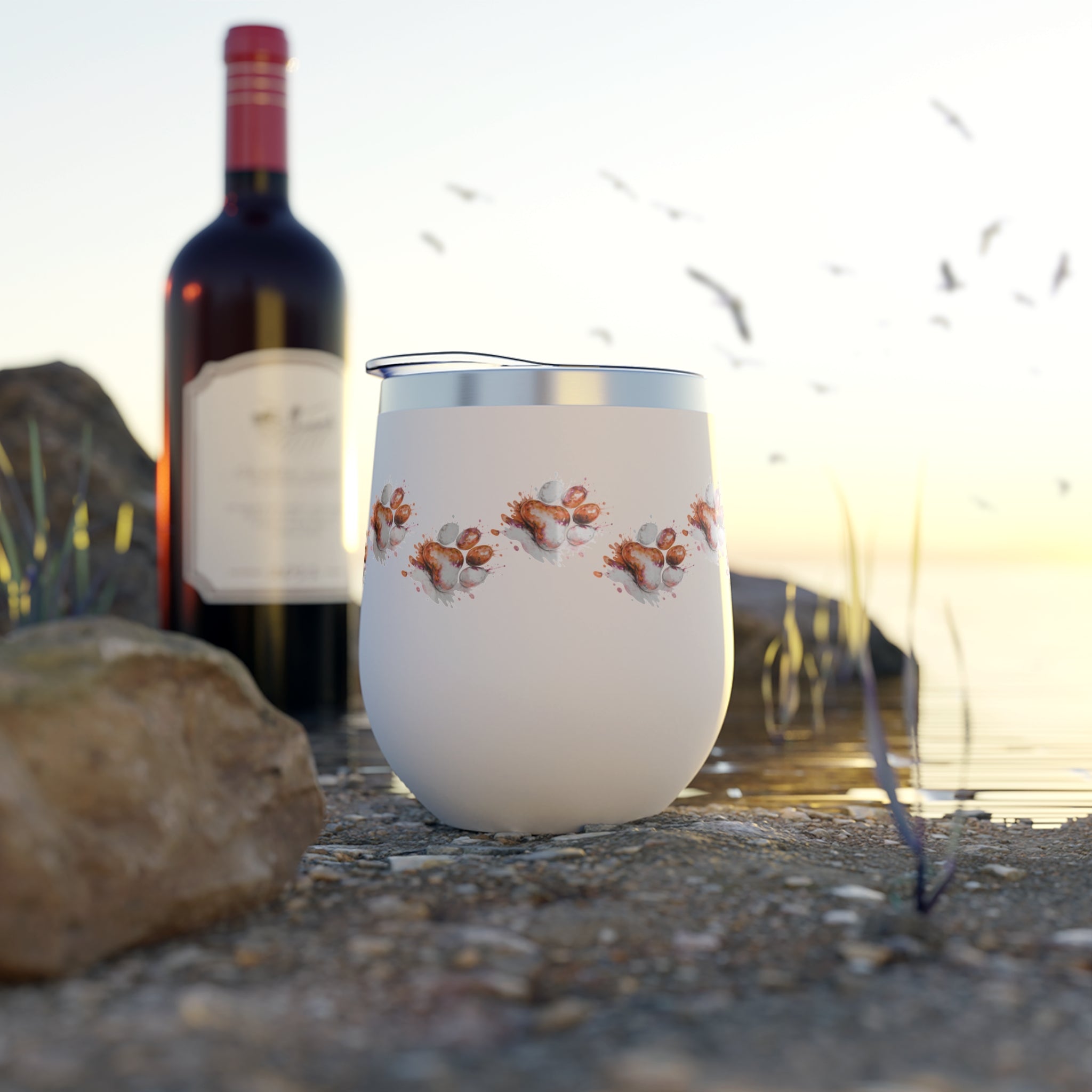 Orange Watercolor Paw Print - 12oz Wine Tumbler