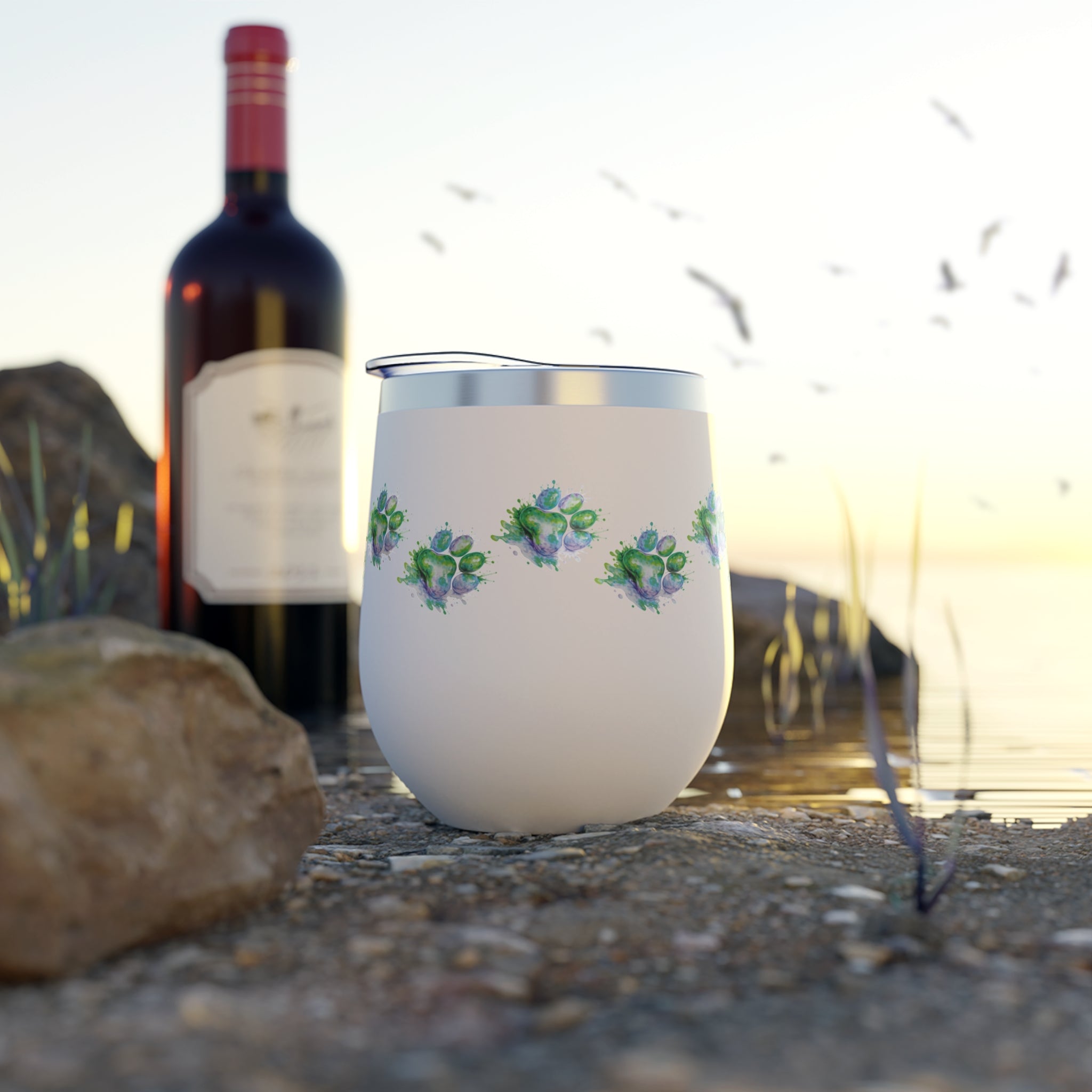 Green Watercolor Paw Print - 12oz Wine Tumbler