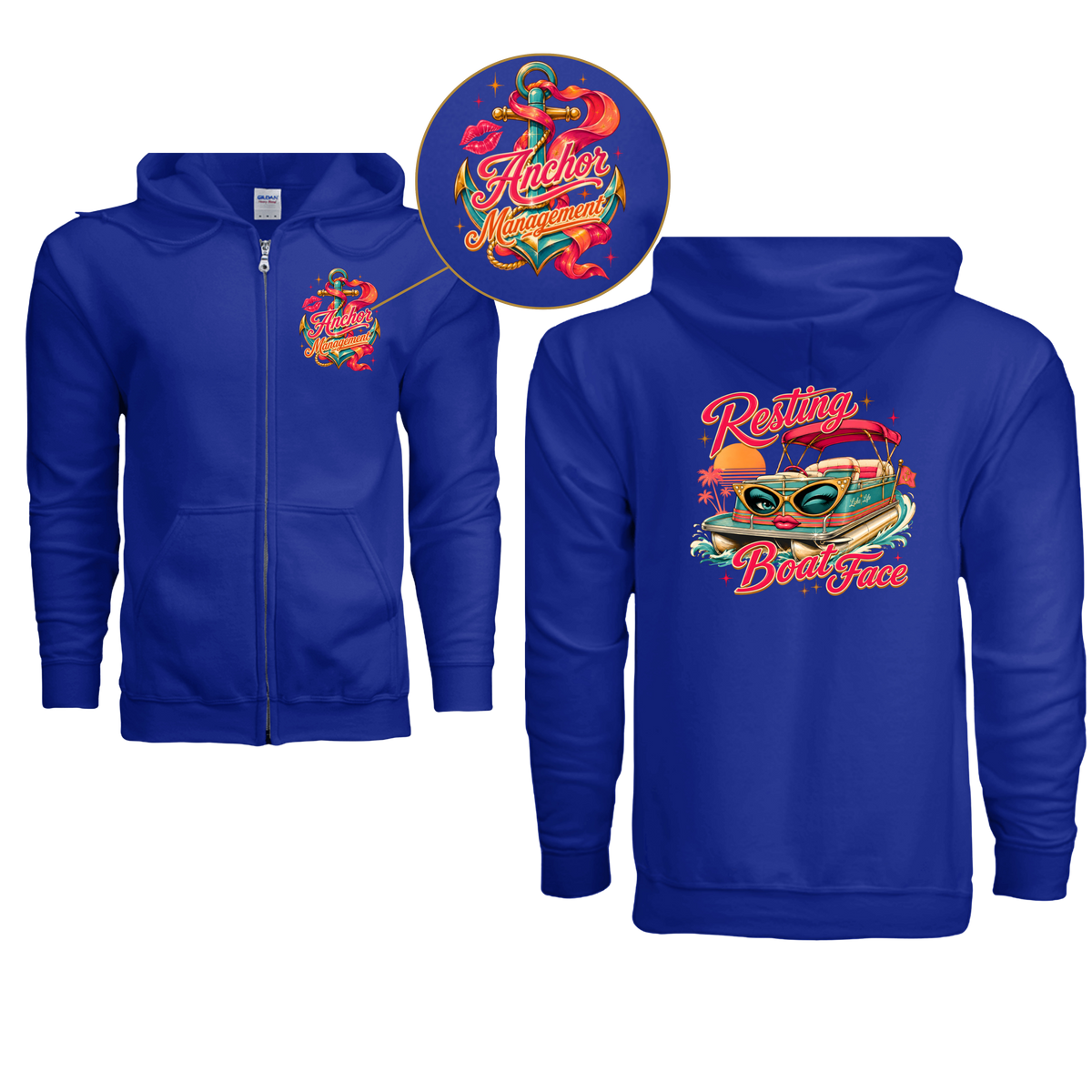 Anchor Management & Resting Boat Face Retro - 2-Sided Adult Zip Up Hoodie