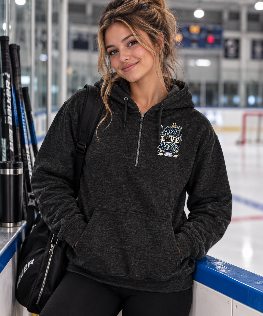 Live, Love Hockey - 2-Sided Ladies Fleece 1/2 Zip Hoodie